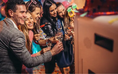Guests using a photo booth at an event
