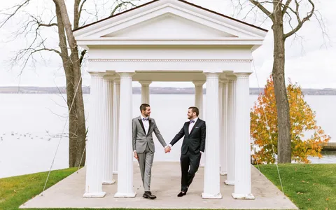 Mark and Michael at their wedding at the Inns of Aurora
