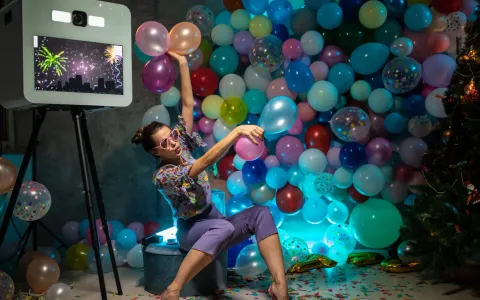 woman using a photo booth with many multi-colored balloons
